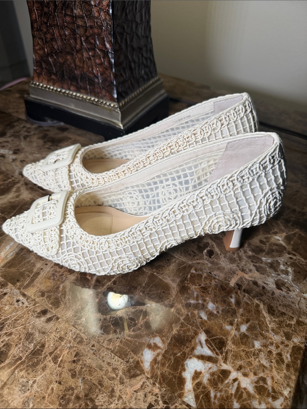 Alex Marie Cream Crochet Kitten Heel Pumps with Buckle Detail